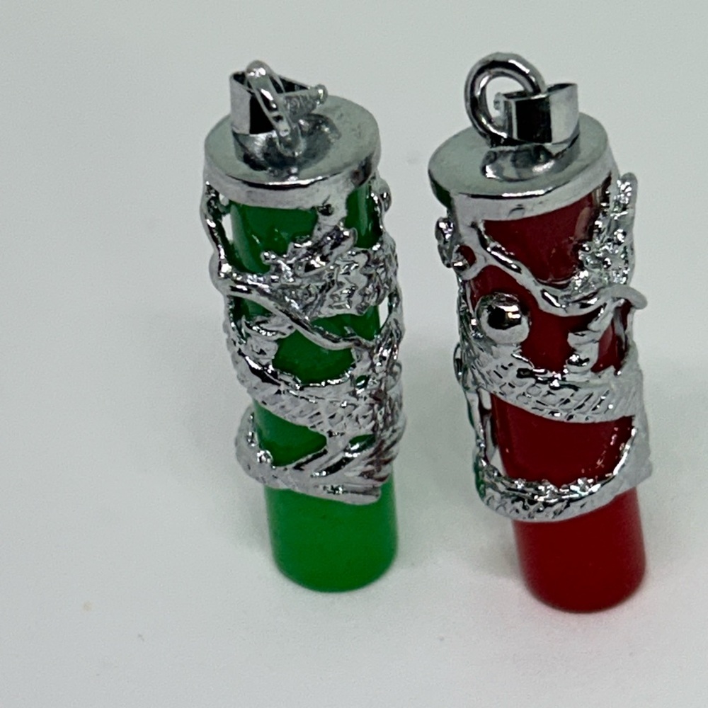 Silver Dragon Wrapped Red and Green Pendants